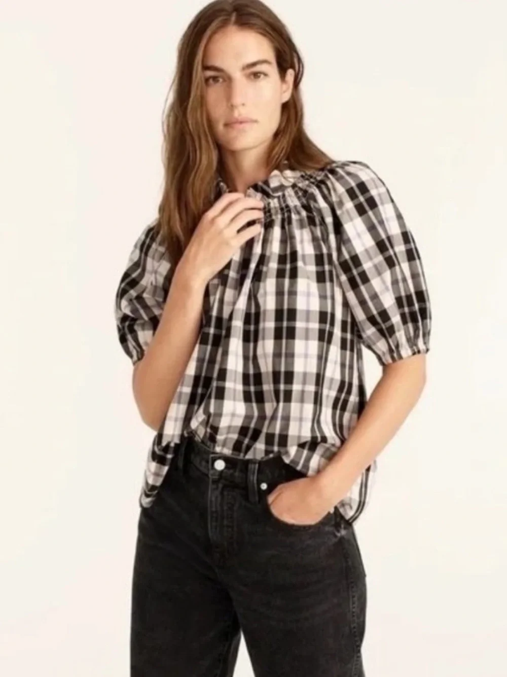 J. Crew Smocked Neck Puff-Sleeve top in Friday Plaid NWT